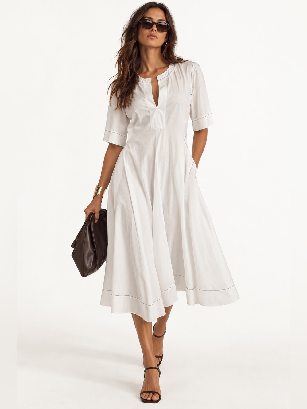 DONNA KARAN New York Cotton White Split-Neck A-Line Women’s Dress